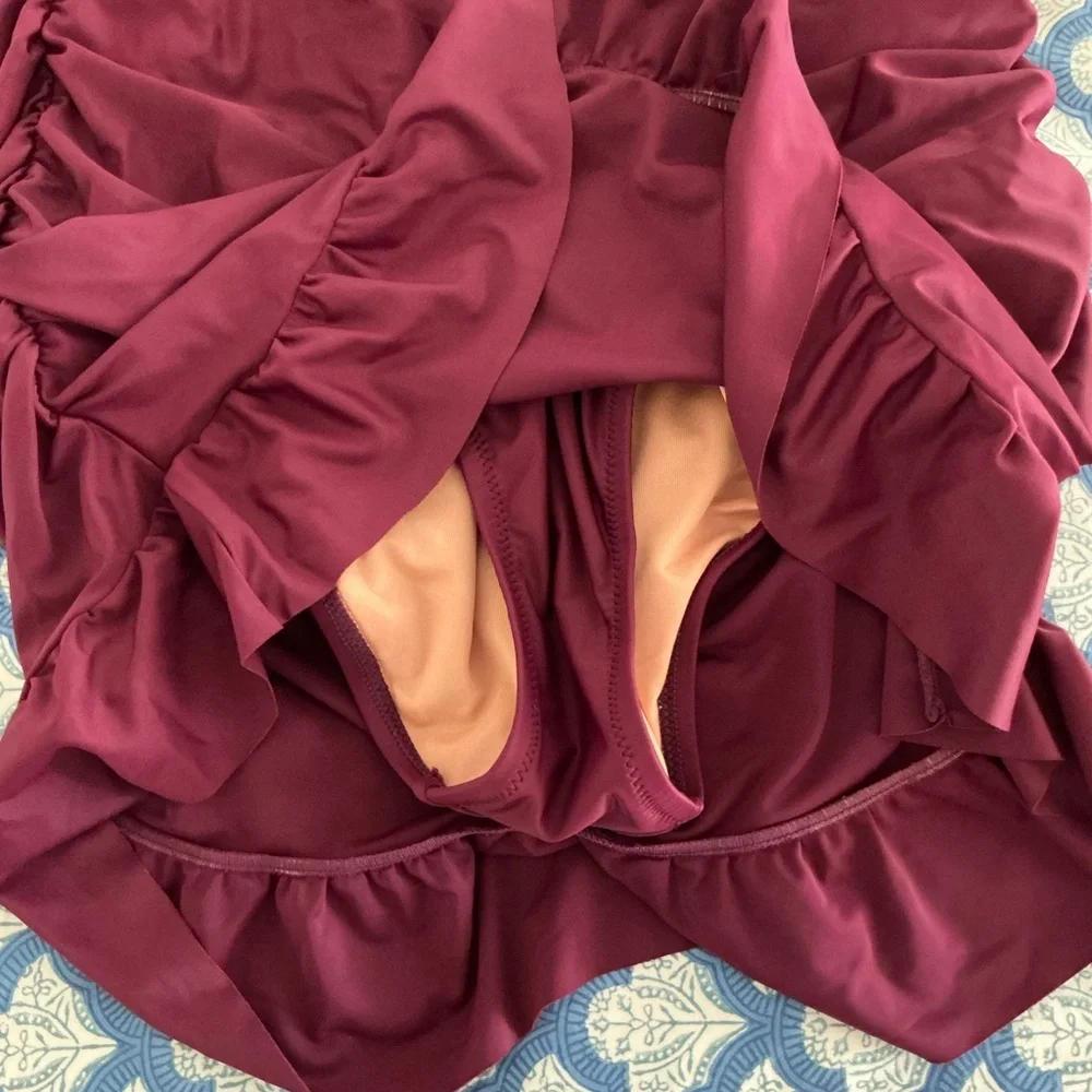 J. Crew Ruched Swim Dress burgundy one piece skirt sz 12 swimsuit - Picture 3 of 6